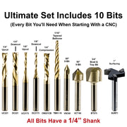 A product infographic showing a 10-piece CNC drill bit set with labeled bit types and models. The image features ten different drill bits in gold, bronze, and black colors, arranged vertically with text labels pointing to each one.