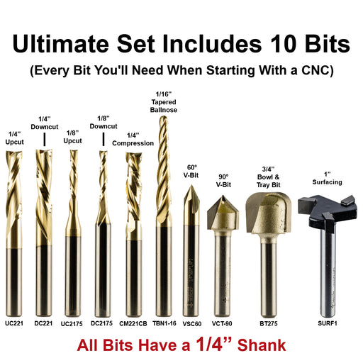 A product infographic showing a 10-piece CNC drill bit set with labeled bit types and models. The image features ten different drill bits in gold, bronze, and black colors, arranged vertically with text labels pointing to each one.
