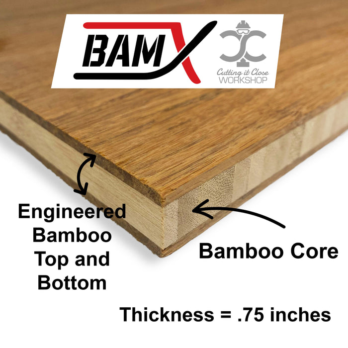 BamX - Bourbon against a white background showcasing features
including 
Engineered Bamboo Top and Bottom with a Bamboo Core 
Thickness= .75"
CNC bits for wood
Woodworking materials
CNC plywood options
Precision CNC materials
CNC materials for furniture
CNC materials for sign making