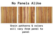 Three Canary hardwood panel examples with the heading “No Two Panels Alike,” illustrating variations in wood grain and color.