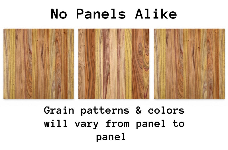 Three Canary hardwood panel examples with the heading “No Two Panels Alike,” illustrating variations in wood grain and color.