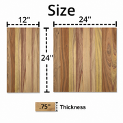 Canary hardwood panel size guide showing 12 by 24-inch and 24 by 24-inch panels, both 0.75 inches thick.