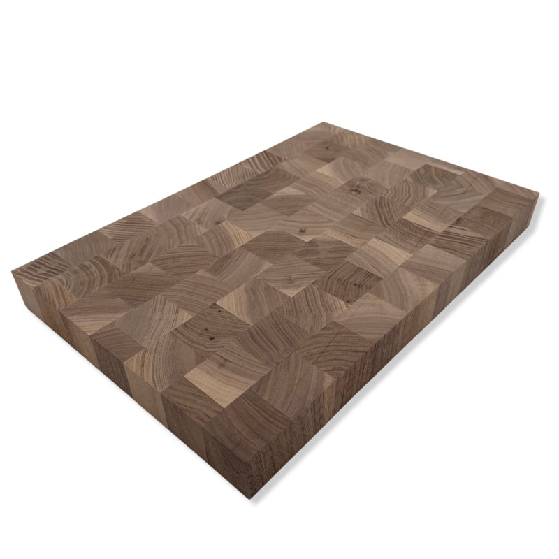 Character Walnut end-grain inlay cutting board base shown at an angle on a white background, with contrasting sapwood.