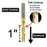 Golden girl bit in front of a white background showcasing its features 
Including:
1"
DOWNCUT
ZrN Coating 
3x Bit Life
Cut faster
low friction 