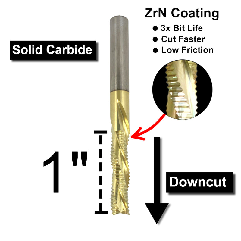 Golden girl bit in front of a white background showcasing its features 
Including:
1"
DOWNCUT
ZrN Coating 
3x Bit Life
Cut faster
low friction 