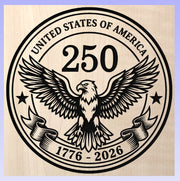 Circular emblem with an eagle and text celebrating 250 years of the United States, on a beige background.