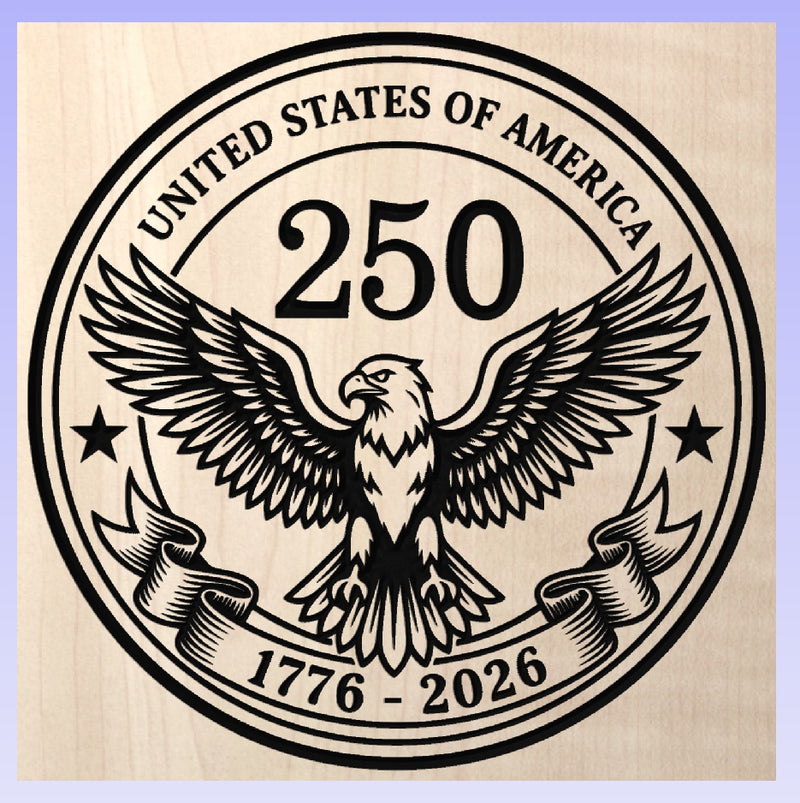 Circular emblem with an eagle and text celebrating 250 years of the United States, on a beige background.