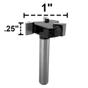 Flycut bit shown in front of a white bit showing the size of the bit 
1"x .25"