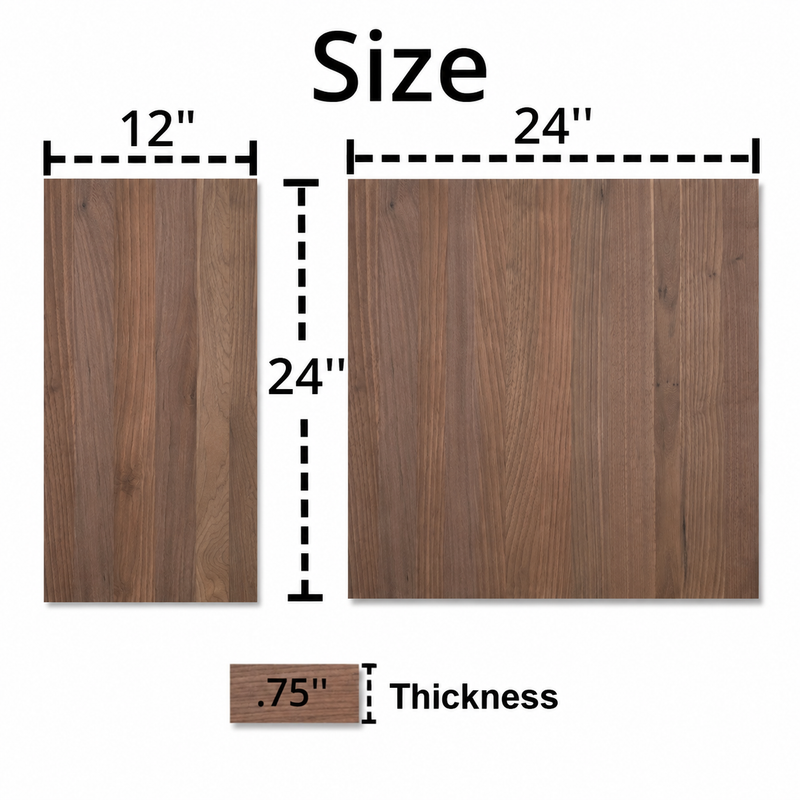 Peruvian walnut panel sizes: 12 by 24 inches and 24 by 24 inches, both 0.75 inches thick.