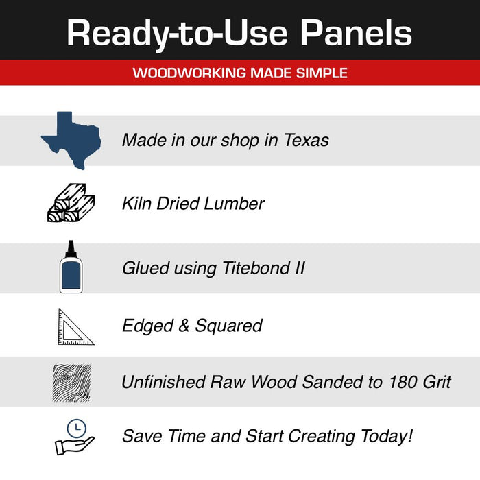 poster showing features of the Cherry Panel
Including 
Made in Our shop in Texas
Kiln Dried Lumber 
Glued using Titebond 2
Edged and Squared
Unfinished Raw Wood Sanded to 180 grit 
Save time and start creating today 