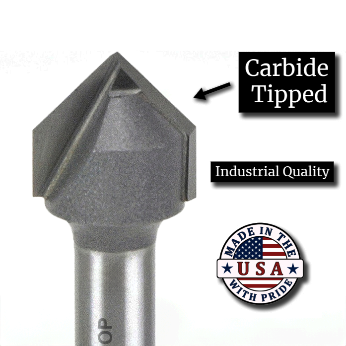 Bit SE1502, In front of a white background showcasing the features 
including 
Carbide Tipped 
Industrial Quality 
Made in the USA 
v-carve cnc bits
tapered cnc bits
upcut cnc bits