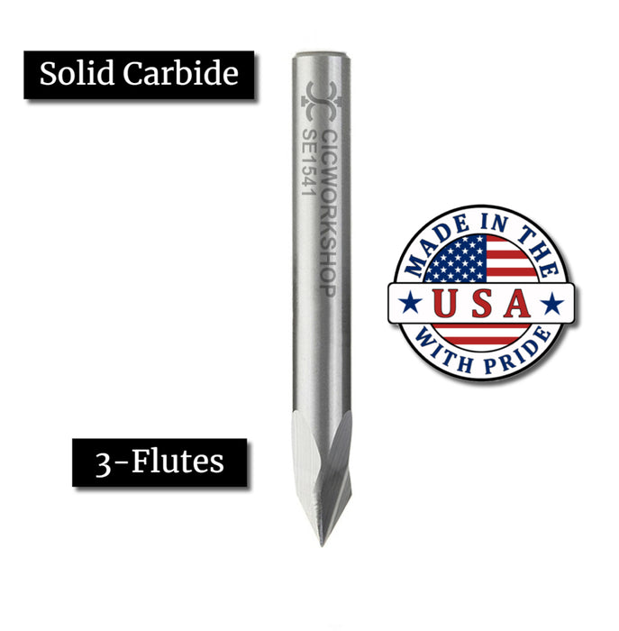 Bit SE1554 in front  of a white background showcasing its Features 
including 
Solid Carbide 
3-Flutes 
3-flute V-Groove bit
Engraving bit
V-carving bit
60-degree angle
1/4” diameter
3/16” cutting height
1/4” shank
Solid carbide
High finish quality
Made in the USA 