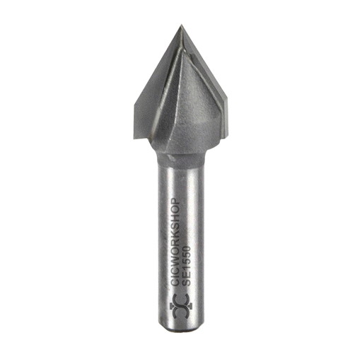 Bit number SE1550 (60 Degree V-Groove - 1/4 Shank ) sitting in front of a white background 
60-degree V-bit
Essential CNC bit
Engraving bit
V-carving bit
Chamfering edges
1/2” diameter
1/2” cutting height
1/4” shank
Solid carbide tip
2 flute bit
