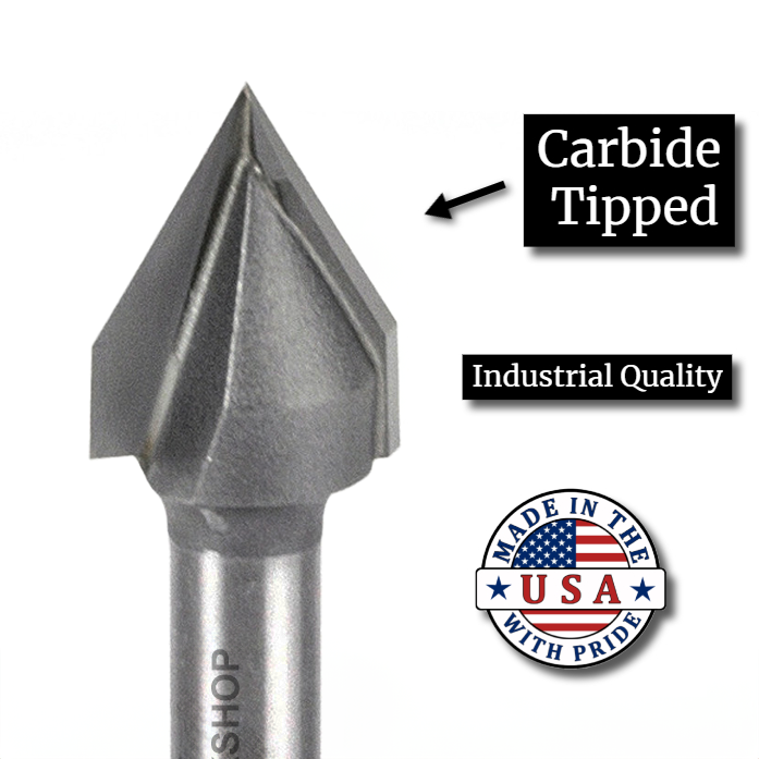 Bit SE1550 in front of a white background showcasing its features 
including 
Carbide Tipped 
Industrial Quality 
Made in the USA  
60-degree V-bit
Essential CNC bit
Engraving bit
V-carving bit
Chamfering edges
1/2” diameter
1/2” cutting height
1/4” shank
Solid carbide tip
2 flute bit
