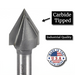 Bit SE1550 in front of a white background showcasing its features 
including 
Carbide Tipped 
Industrial Quality 
Made in the USA  
60-degree V-bit
Essential CNC bit
Engraving bit
V-carving bit
Chamfering edges
1/2” diameter
1/2” cutting height
1/4” shank
Solid carbide tip
2 flute bit
