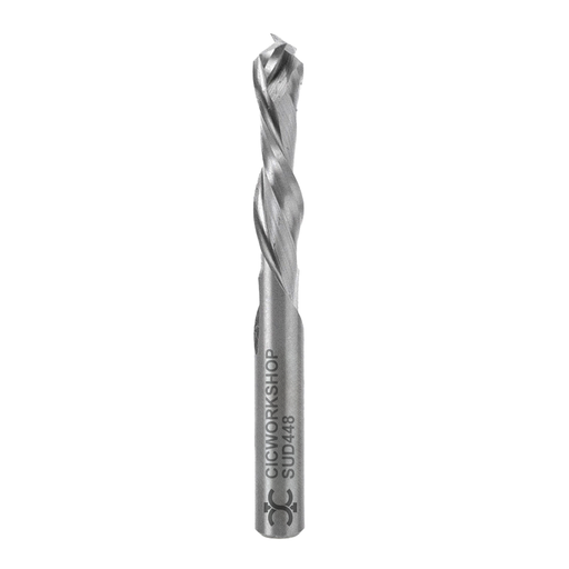 Bit number SUD448 (1/4" x 1" Mortise Compression Spiral Endmill - 1/4" Shank ) sitting in front of a white background 
upcut cnc bits
affordable cnc bits