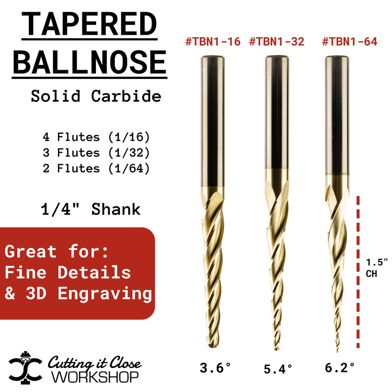1/16 Radius - 3.6 Deg 3D Tapered Ballnose - 1/4" Shank - TBN1-16