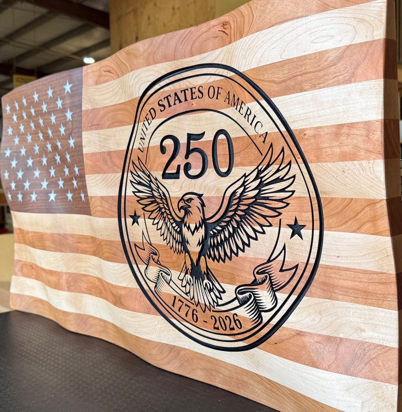 Wooden American flag with a 250th anniversary emblem featuring an eagle.