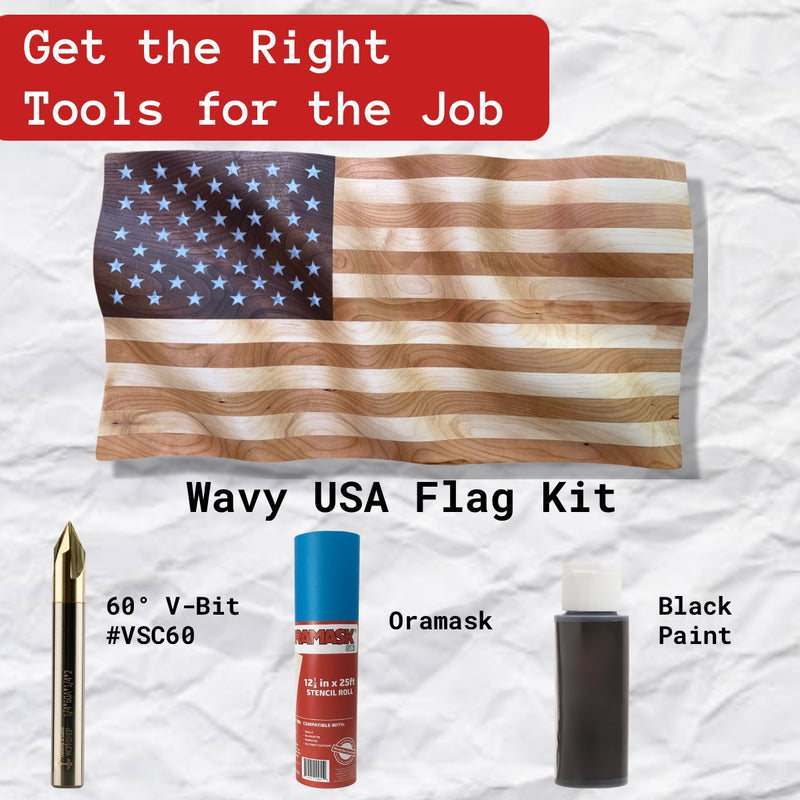 Wavy USA flag kit with tools on a white background