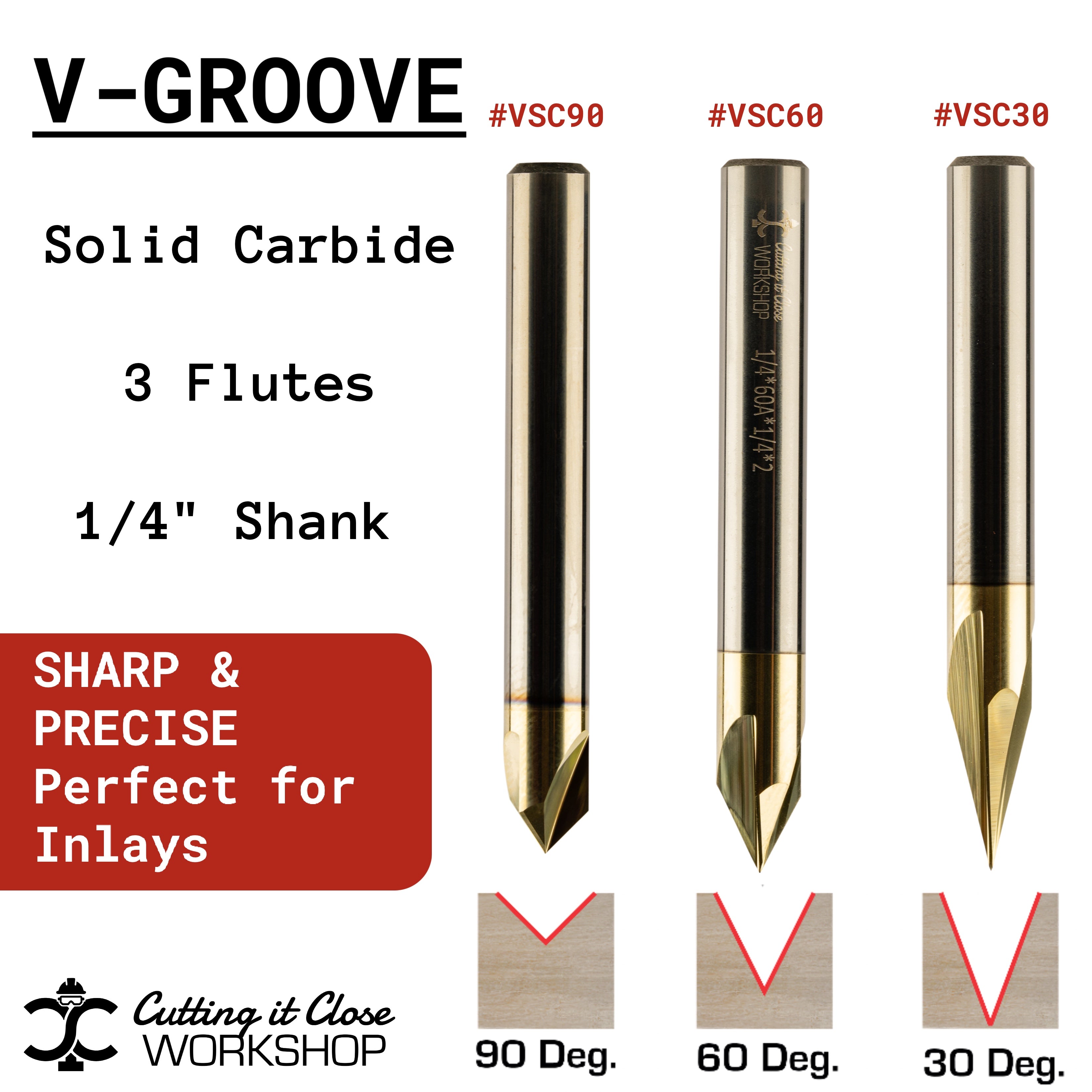 30 Deg V-Groove - 3-Flute - 1/4 Shank - VSC30 — CIC Workshop