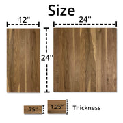 Two sizes of walnut panel shown against a white background to show the sizes that are offered 
Large: 24"x 24"x 1.25
Small 12"x 24"x .75