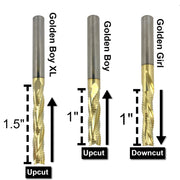 Gold Digger Family" Set of 3
In front of a white background laid out to show the size and type of bits 
Golden Boy XL: UPCUT 1.5"
Golden Boy: UPCUT 1"
Golden Girl: DOWNCUT 1" 
cnc bits for wood
cnc bit supplier
affordable cnc bits