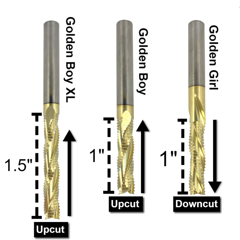 Gold Digger Family" Set of 3
In front of a white background laid out to show the size and type of bits 
Golden Boy XL: UPCUT 1.5"
Golden Boy: UPCUT 1"
Golden Girl: DOWNCUT 1" 
cnc bits for wood
cnc bit supplier
affordable cnc bits