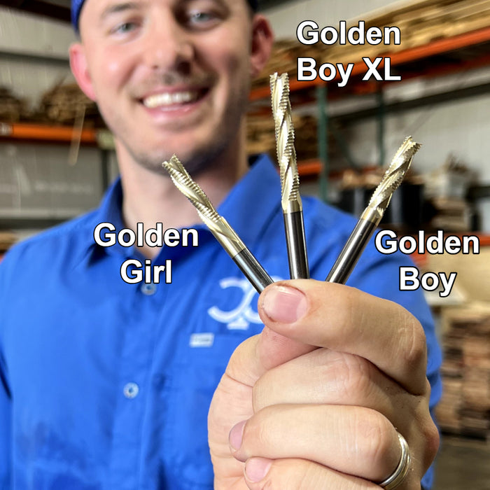 Someone holding the three bits close up showing the bit names 
Golden Girl 
Golden Boy
Golden Boy XL 
1/8 inch cnc bits
1/4 inch cnc bits
1/2 inch cnc bits