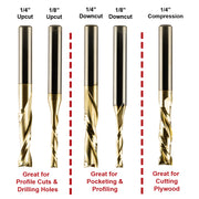 A set of 5 CNC router bits with ZRN coatings arranged in a row against a solid white background.