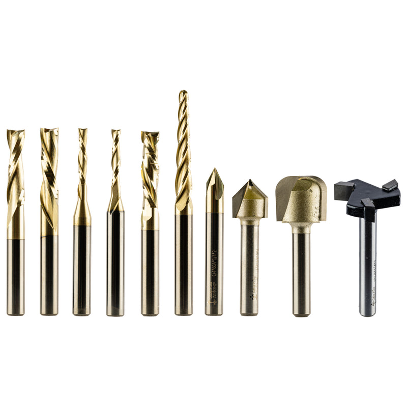 A set of 10 CNC router bits with ZRN coatings arranged in a row against a solid white background.